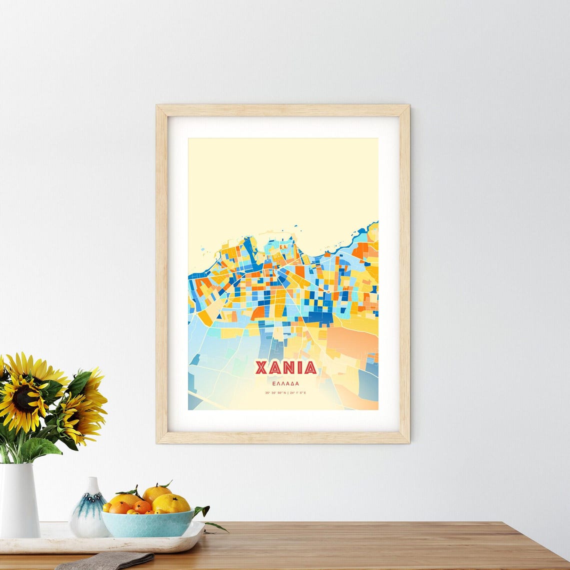 Vibrant Xania Chania Greece Coastal Blue Orange Map Art Poster - Image 2