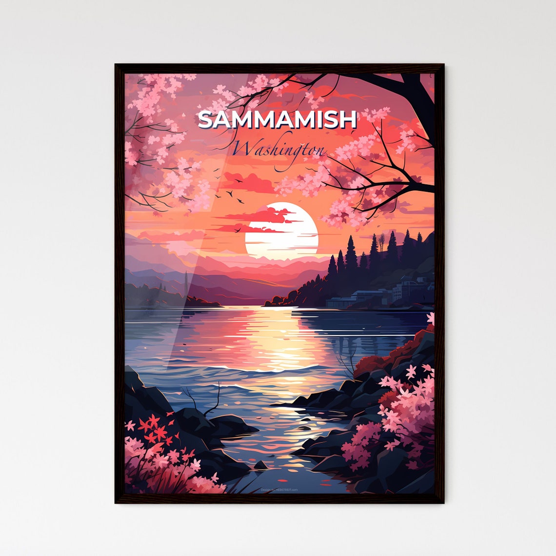 Sammamish Washington Sunset Lake Cherry Blossoms Scenic Poster
