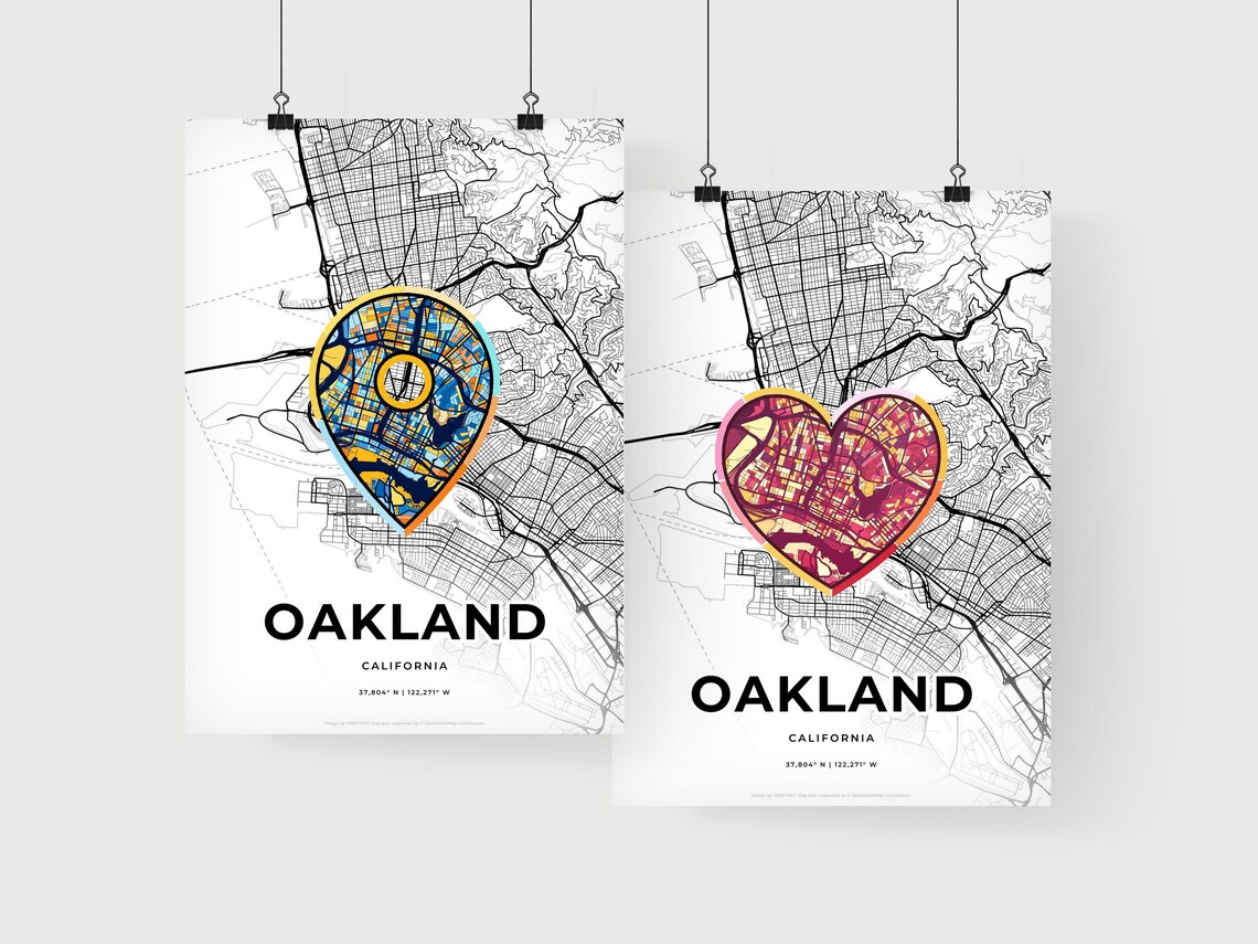 Oakland California Minimal City Map Colorful Heart Icon Art Poster - Image 2