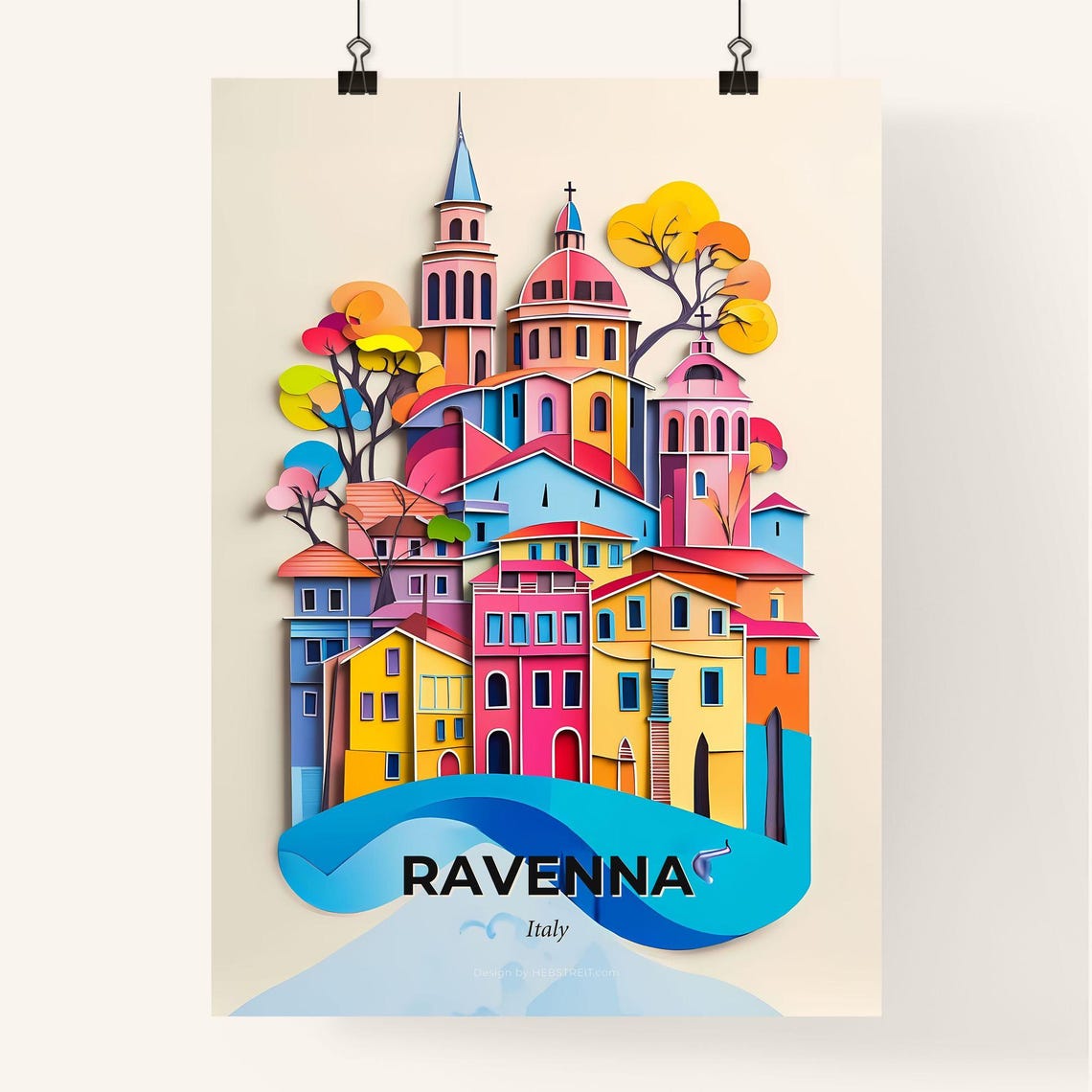 Ravenna Italy Vivid Colorful Old Town Blue Wave Paper Cut Poster - Image 4