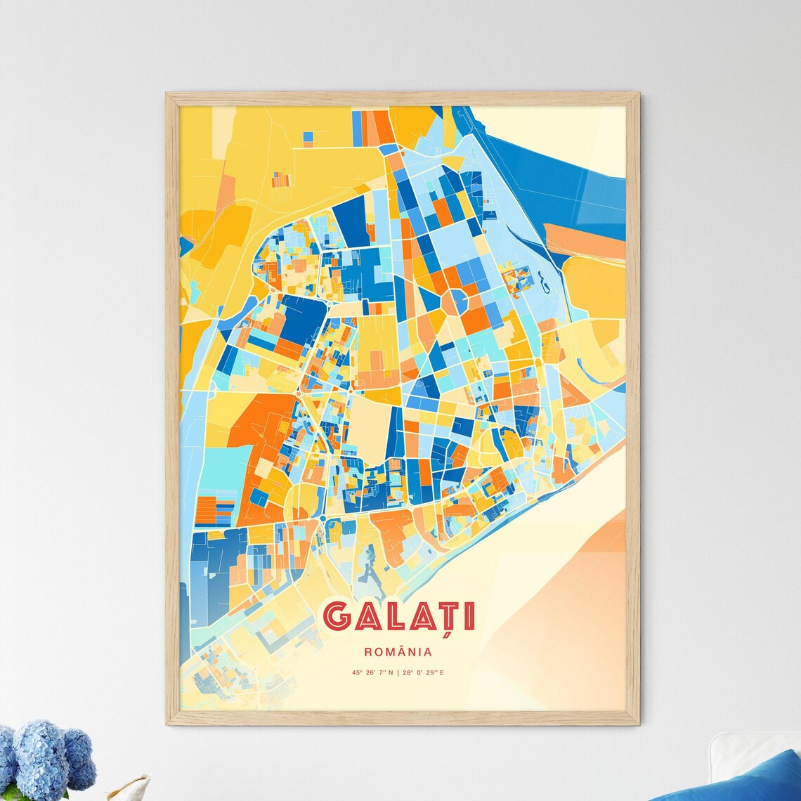 Galati Romania Colorful Blue Orange Danube City Map Art Print