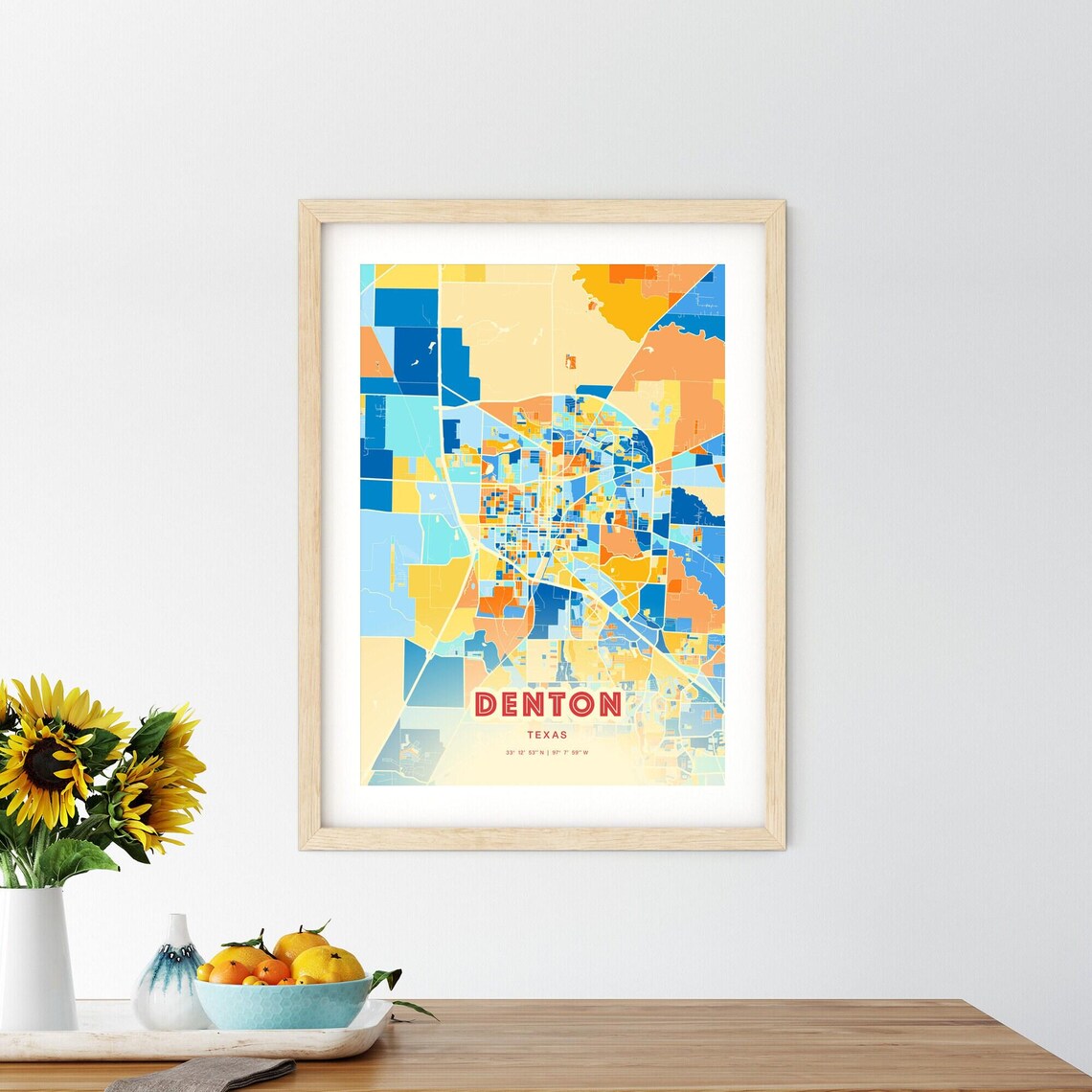Denton Texas Colorful Blue and Orange City Street Map Poster - Image 2
