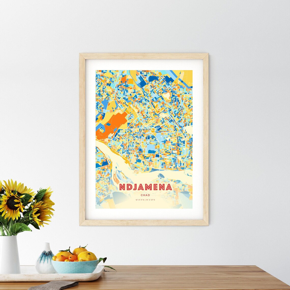 Ndjamena Chad City Map Blue Orange Modern Cartography Art Poster - Image 2