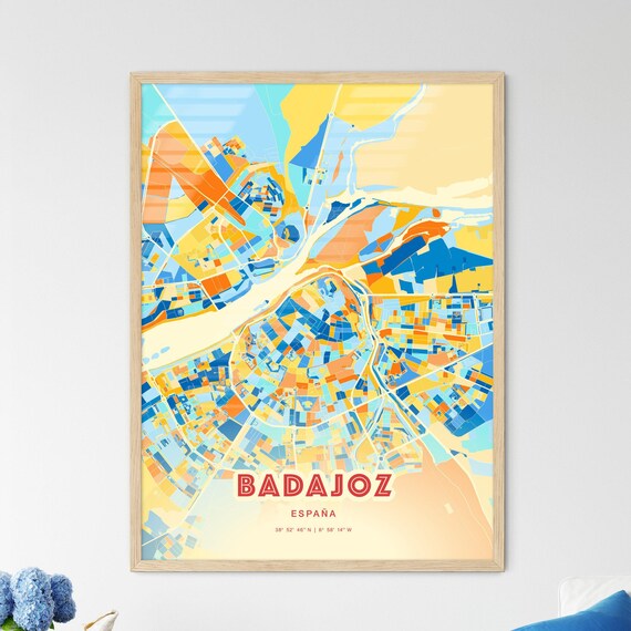 Badajoz Spain Bold Vibrant Blue Orange Mosaic City Map Poster
