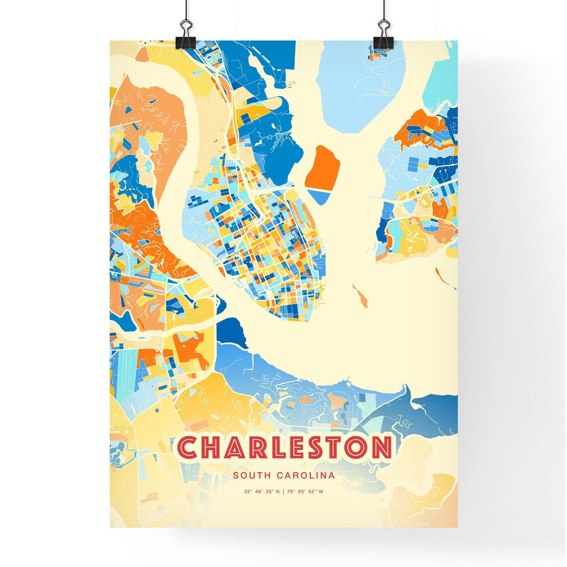 Charleston South Carolina Colorful City Map Art Poster Blue Orange Coastal - Image 3