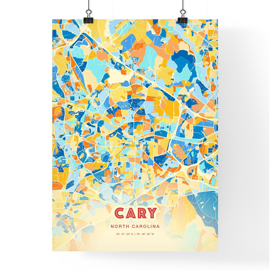 Cary North Carolina City Map Blue Orange Street Art Map Poster - Image 3