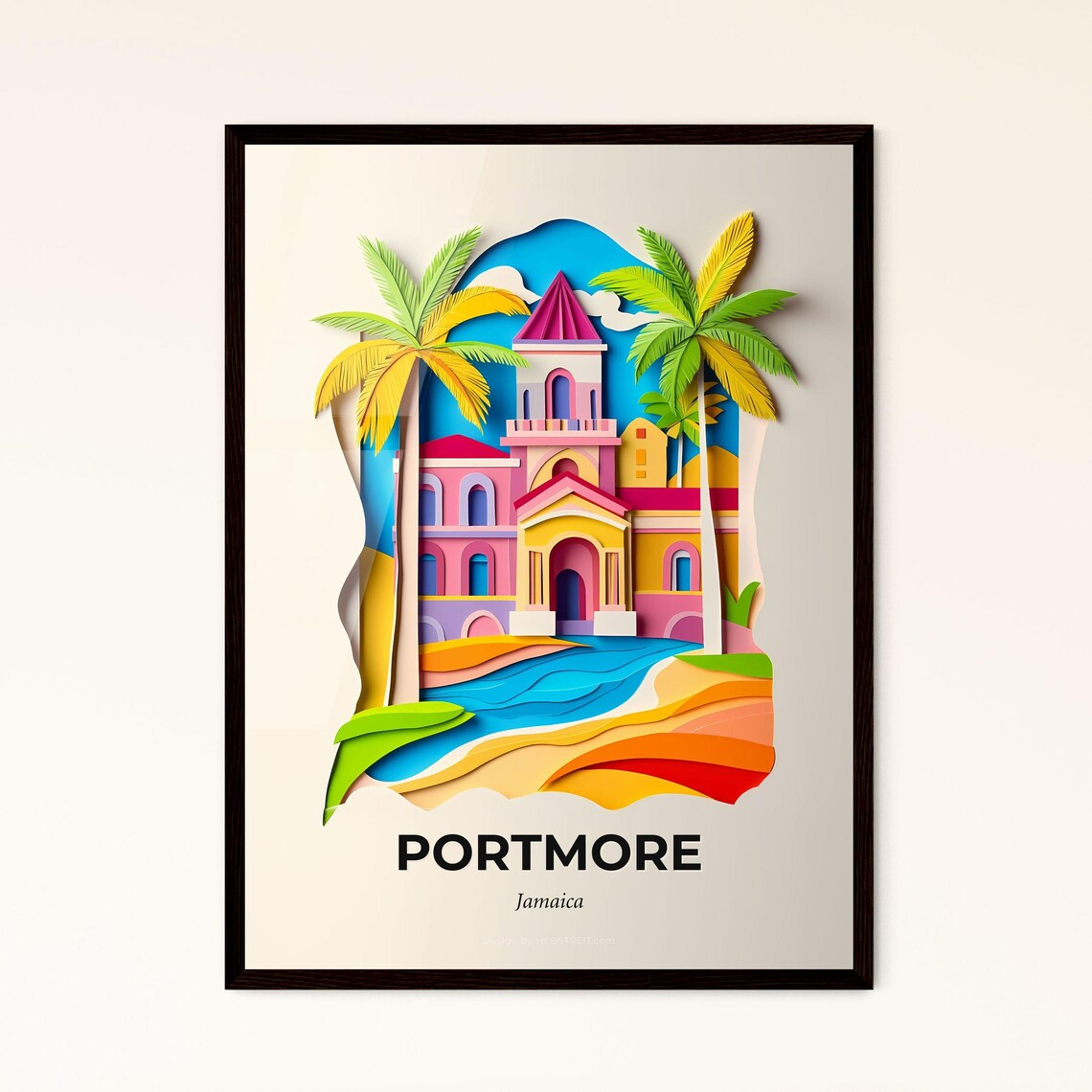 Portmore Jamaica Church Palm Trees Colorful Paper Cut Art Poster