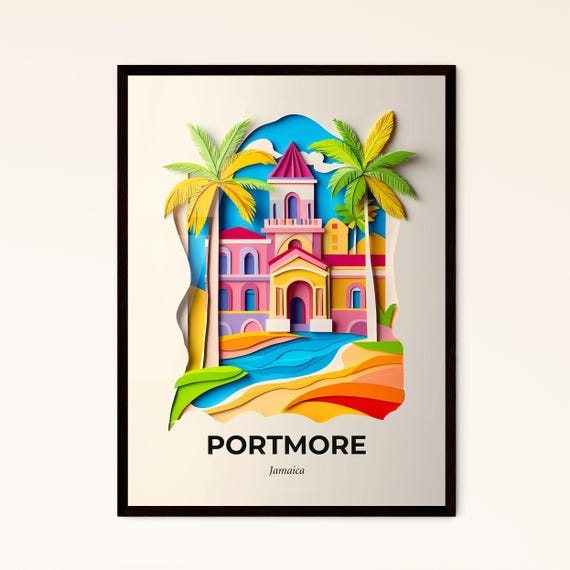 Vivid Portmore Jamaica A Paper Cut Of A Church And Palm Trees Fine Art Print Customizable