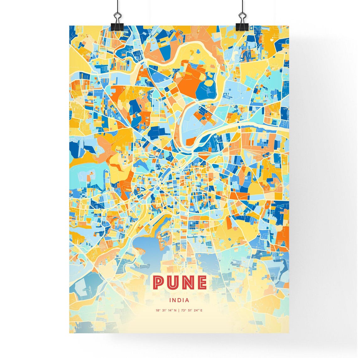 Pune India Vibrant Colorful Blue Orange City Map Art Poster Decor - Image 3