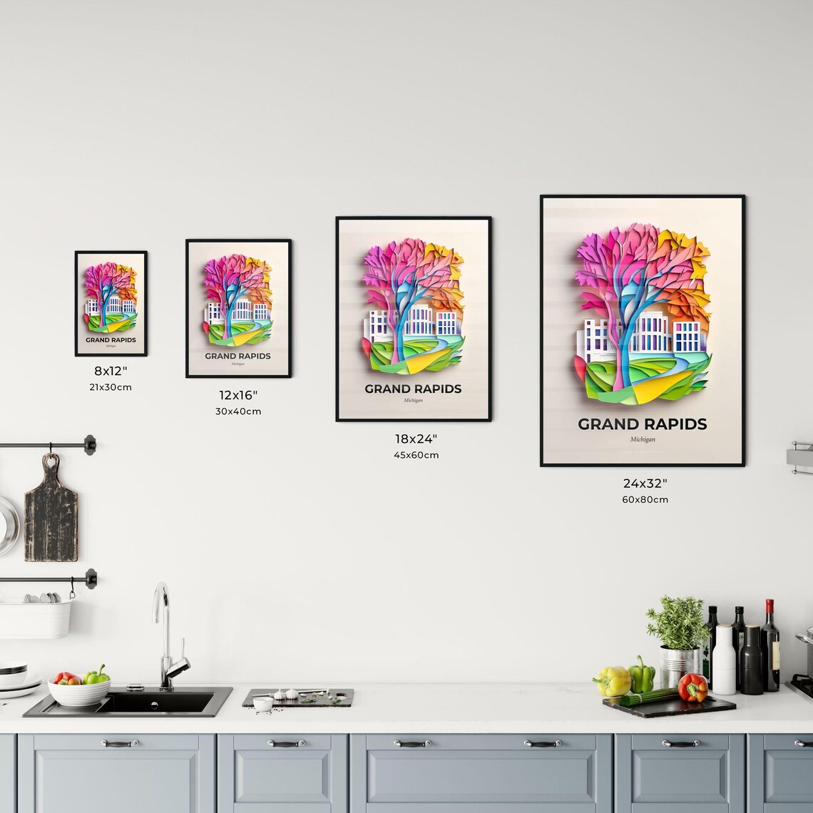 Grand Rapids Michigan Colorful Paper Cut Tree Building Poster - Image 3