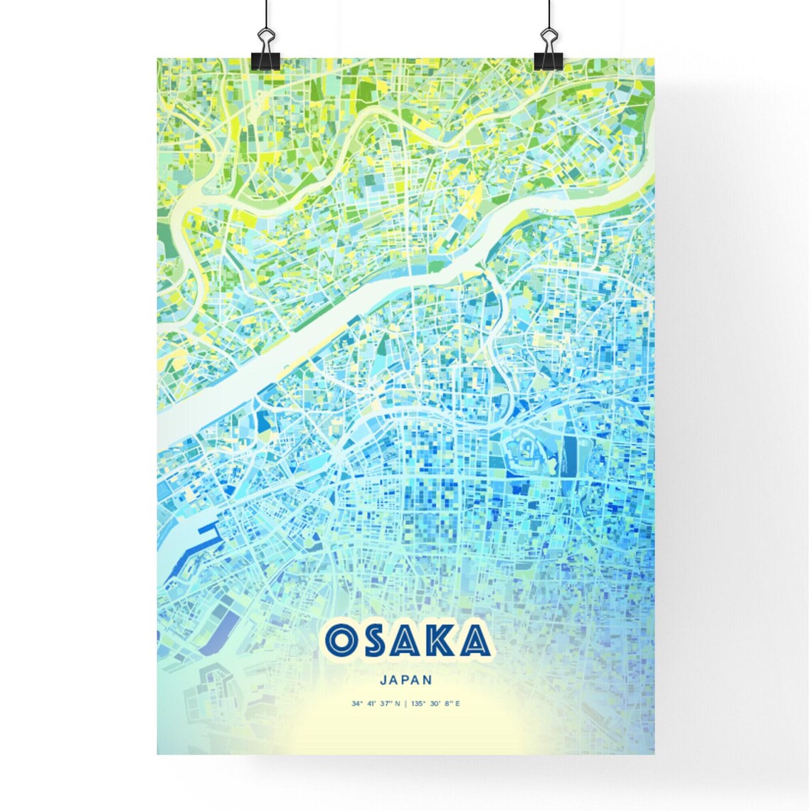Osaka Japan Bluish Watercolor City Map Art Poster Wall Decor - Image 3