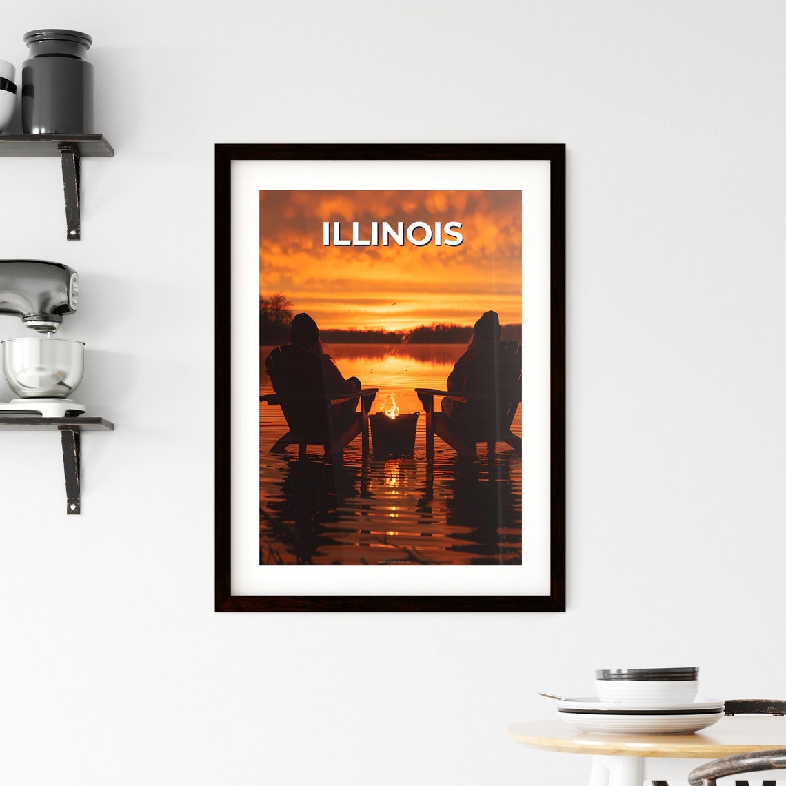Illinois Sunset Lake Fire Pit Adirondack Chairs Vintage Travel Poster - Image 2