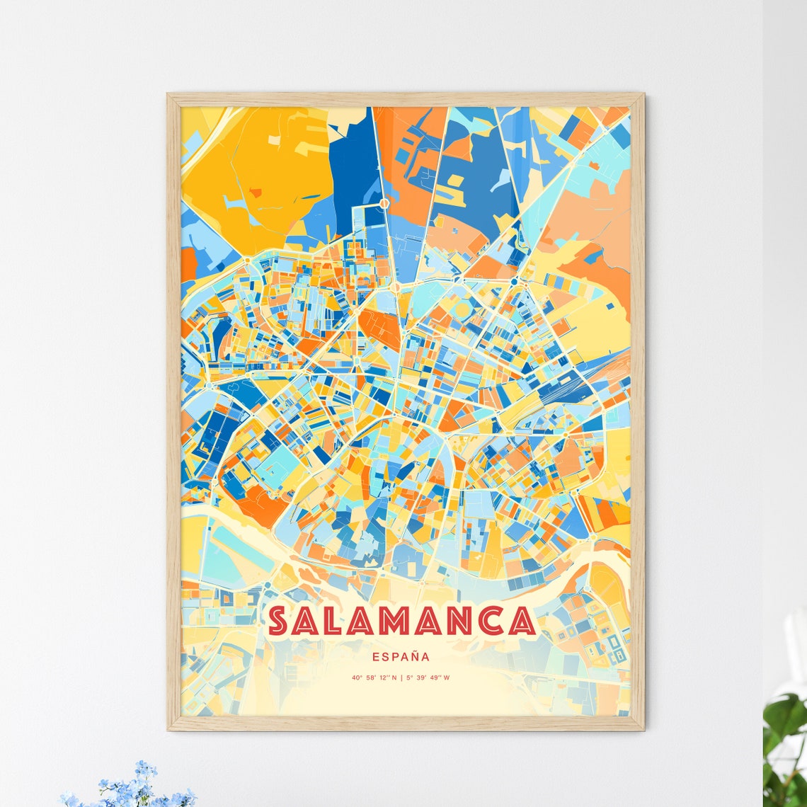 Salamanca Spain Blue Orange Colorful Historic City Map Art Poster