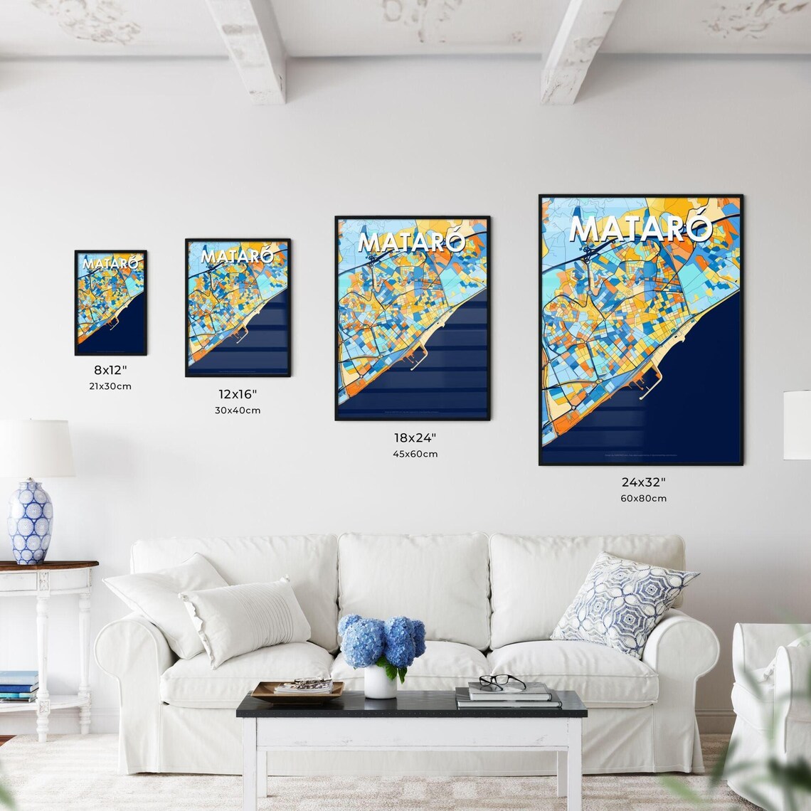 Mataró Spain Bold Geometric City Map Art Poster in Blue and Orange - Image 3