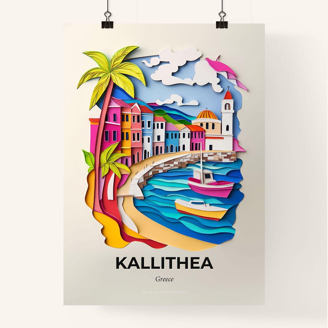 Kallithea Greece Colorful Paper Cut Harbor with Boats Poster - Image 4