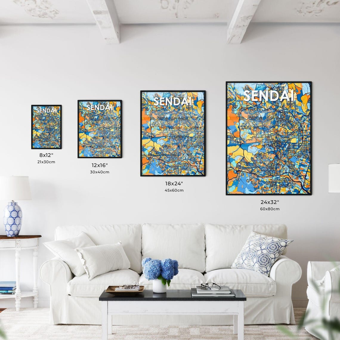 Sendai Japan Stylish Vibrant Blue and Orange Mosaic City Map Poster - Image 3
