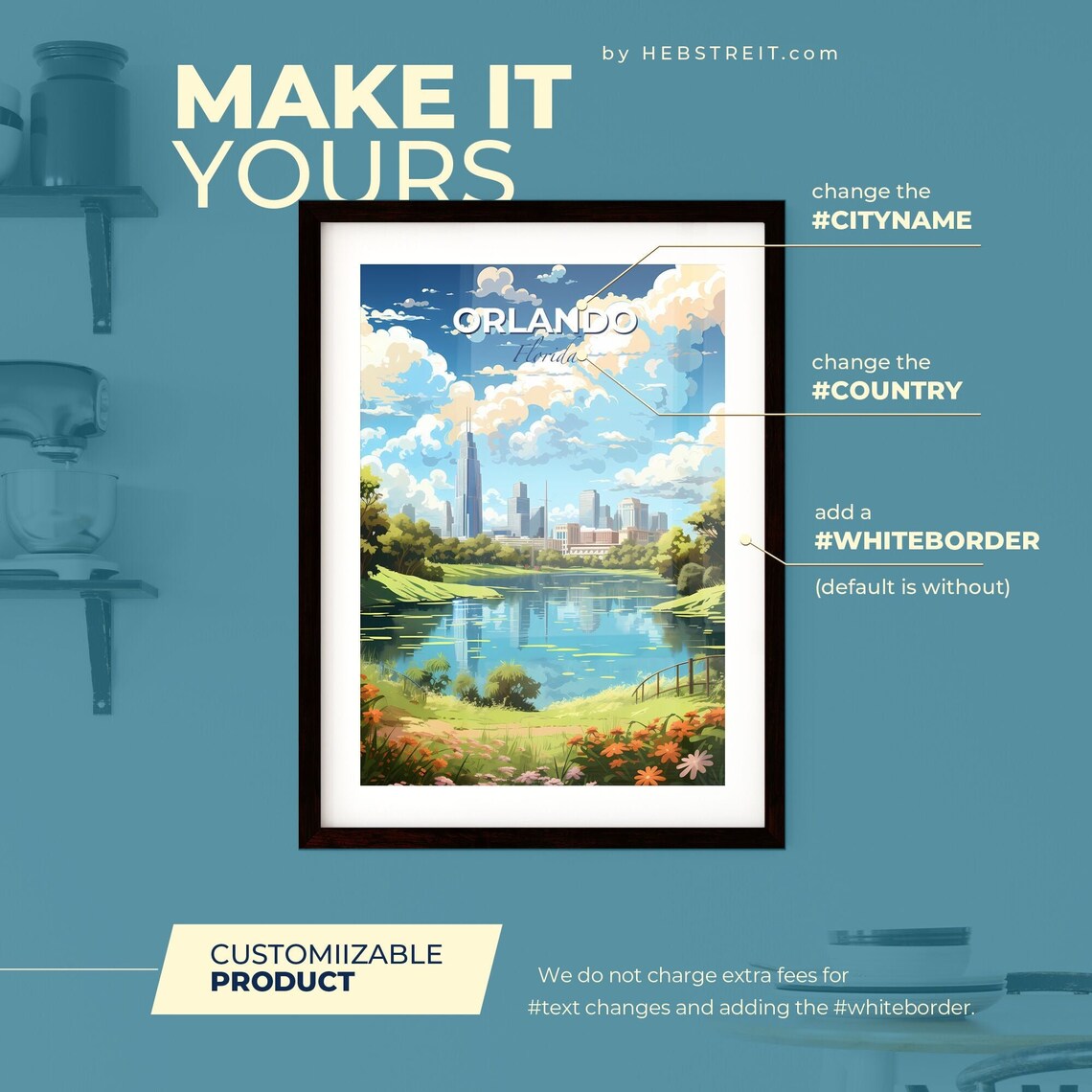 Orlando Florida Colorful Lakeside City Skyline Travel Poster - Image 2