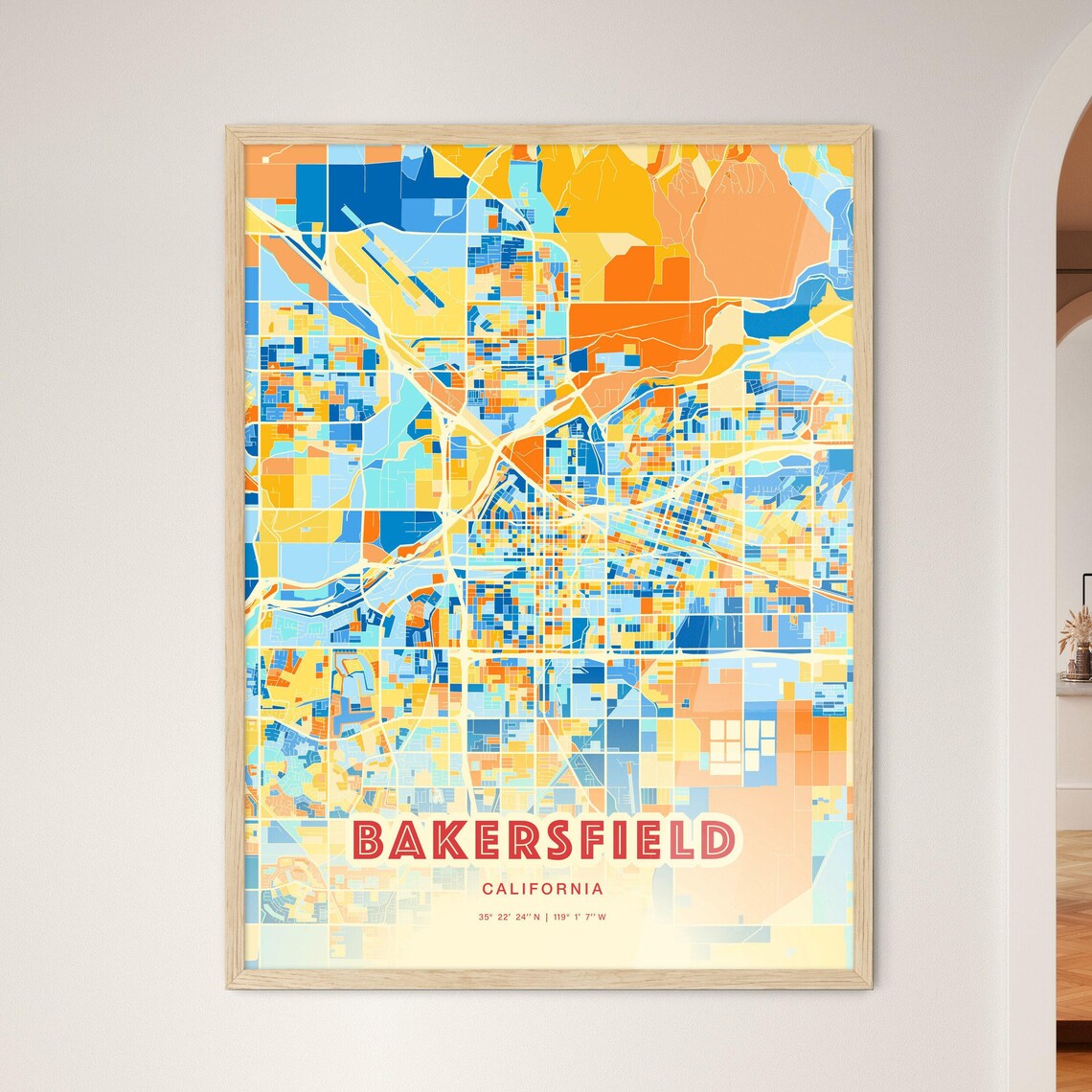 Bakersfield California Colorful Abstract City Street Map Art Poster