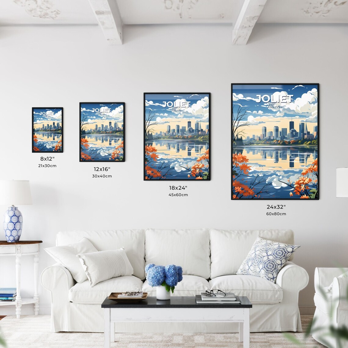 Joliet Illinois Lake Reflection Skyline Autumn Flowers Travel Poster - Image 3