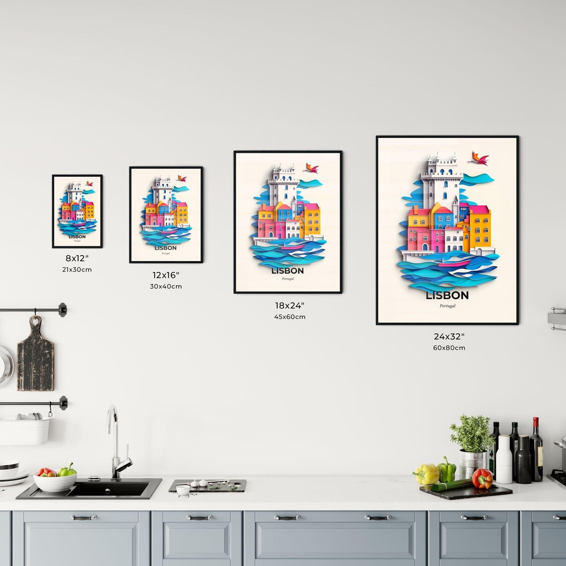 Lisbon Portugal Colorful Paper Cut Historic Tower Waves Travel Poster - Image 3