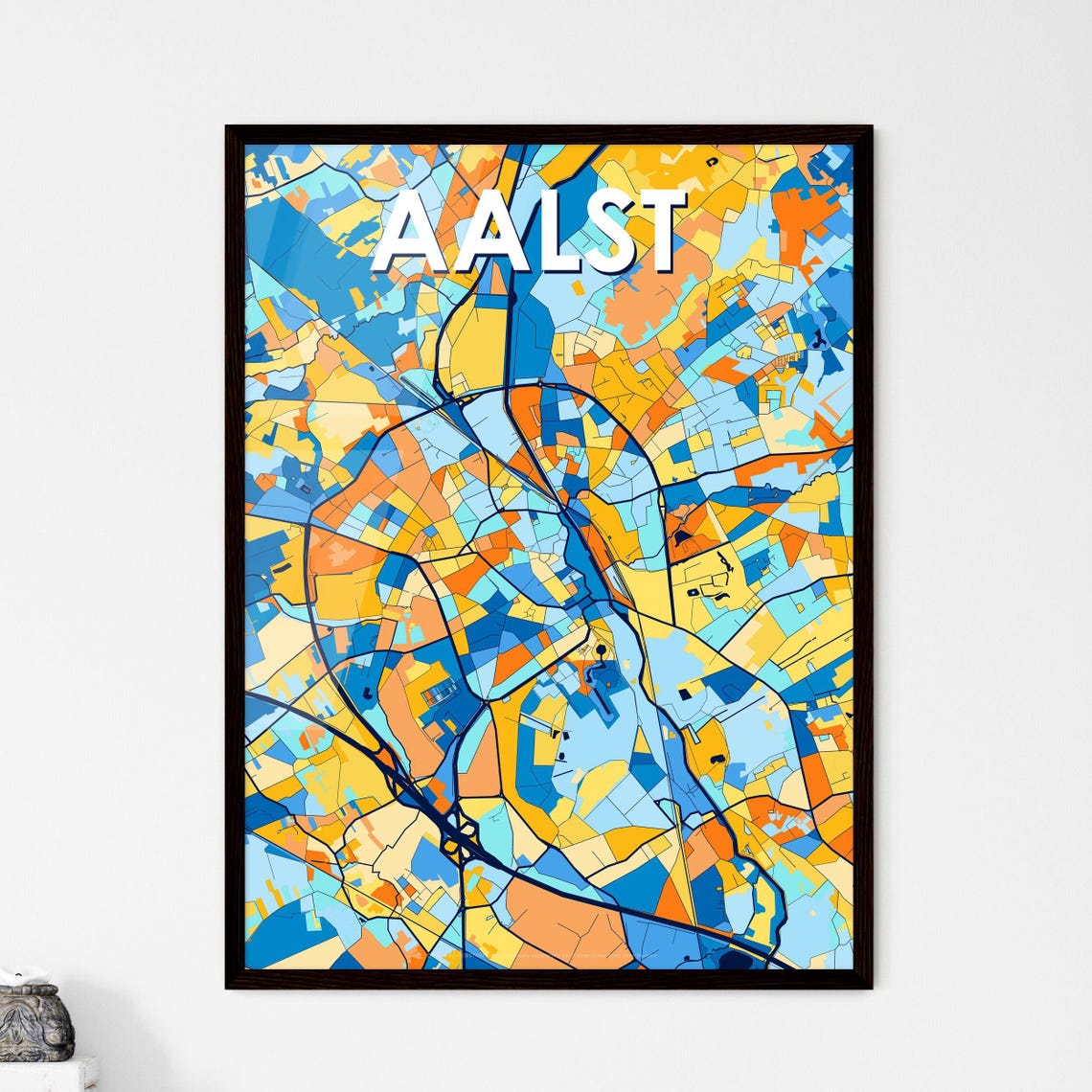 Aalst Belgium Bold Geometric City Map Art Poster in Blue and Orange