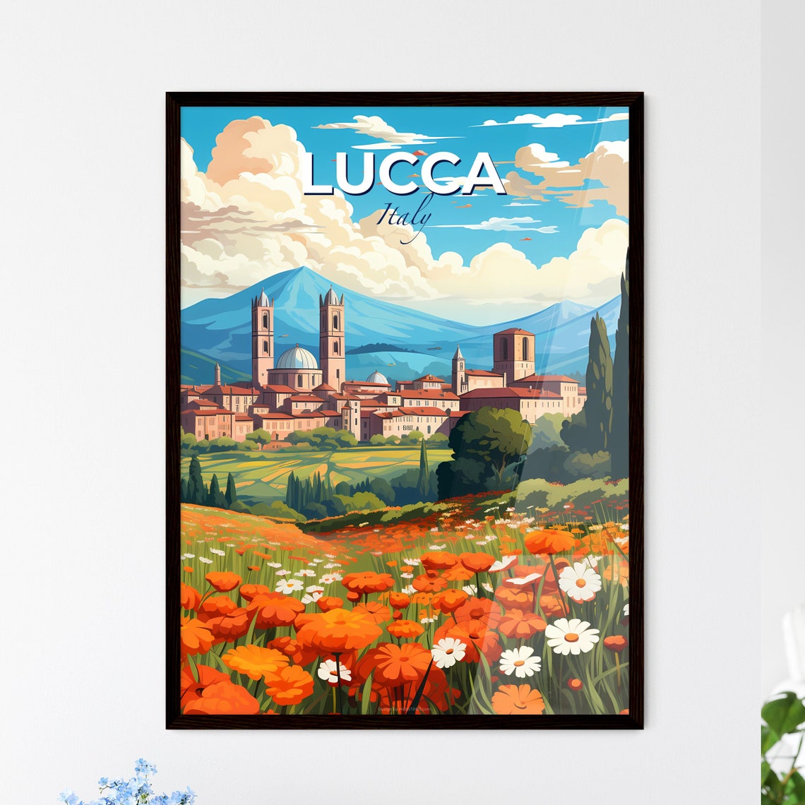 Lucca Italy Tuscan Towers Poppy Field Mountain View Art Poster