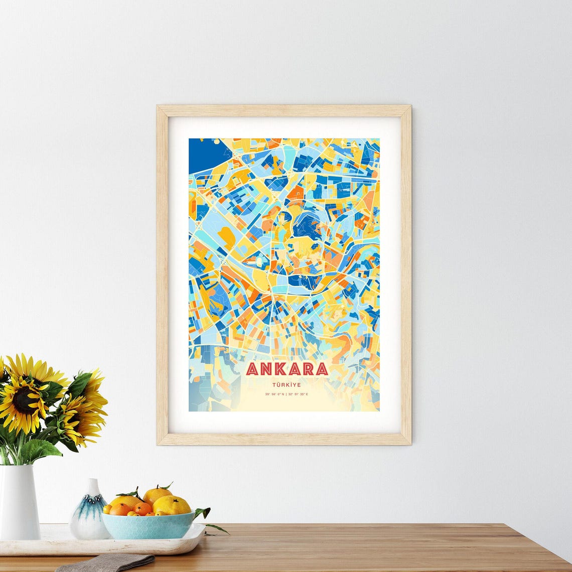 Ankara Turkiye Vibrant Colorful Blue Orange City Map Art Poster - Image 2