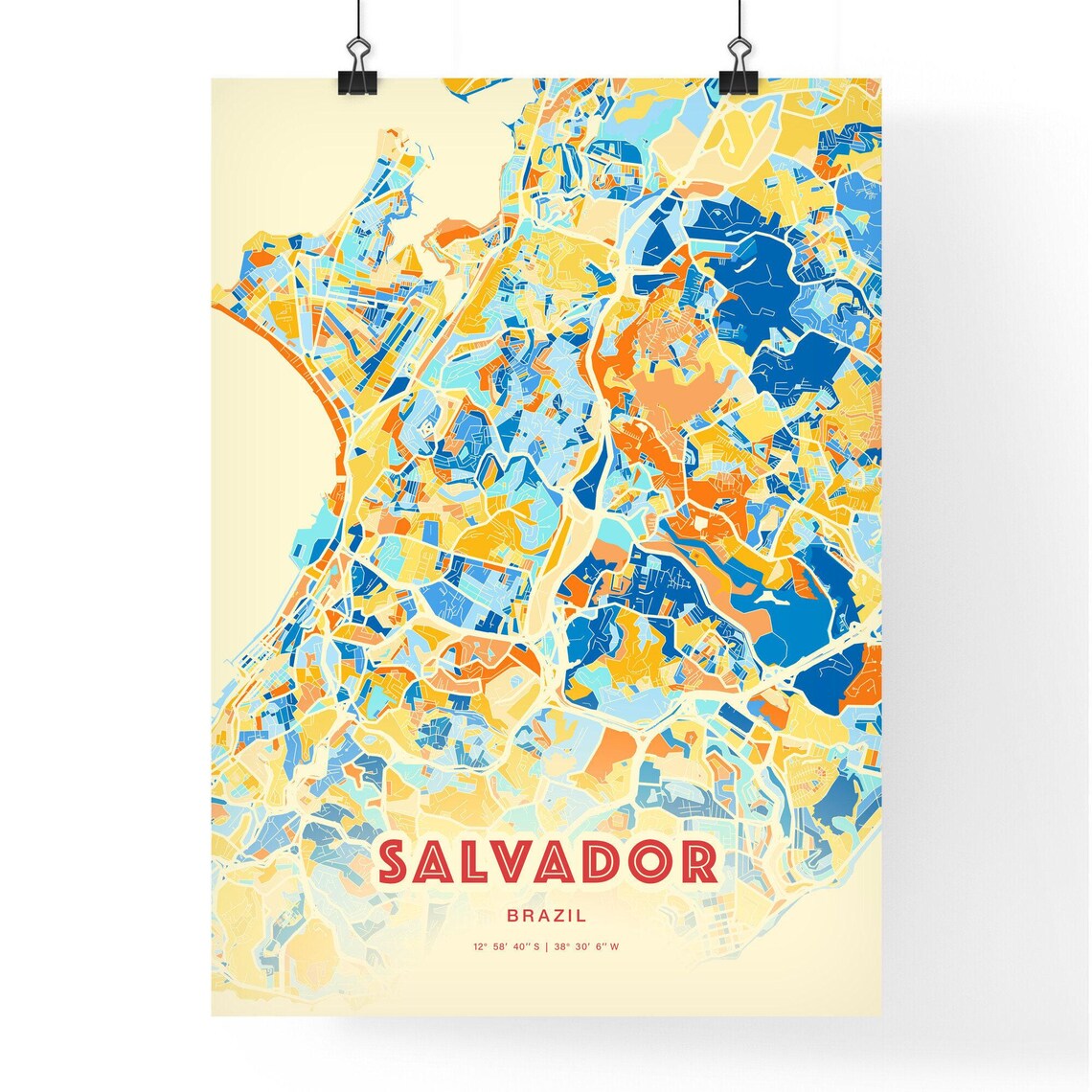 Salvador Brazil City Map Art Poster Blue Orange Street Style - Image 3