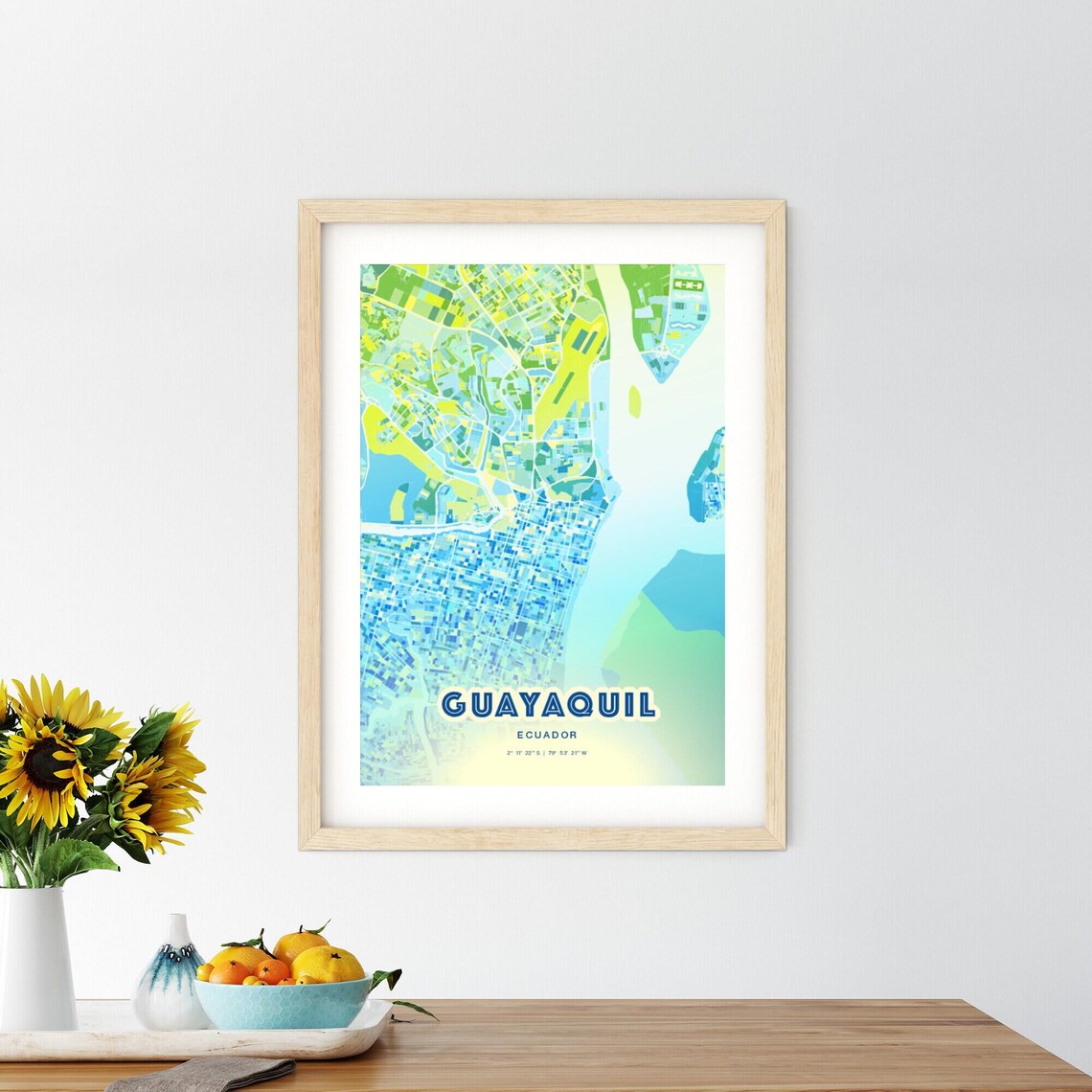 Guayaquil Ecuador Bluish Watercolor Modern Decorative City Map Art Poster - Image 2