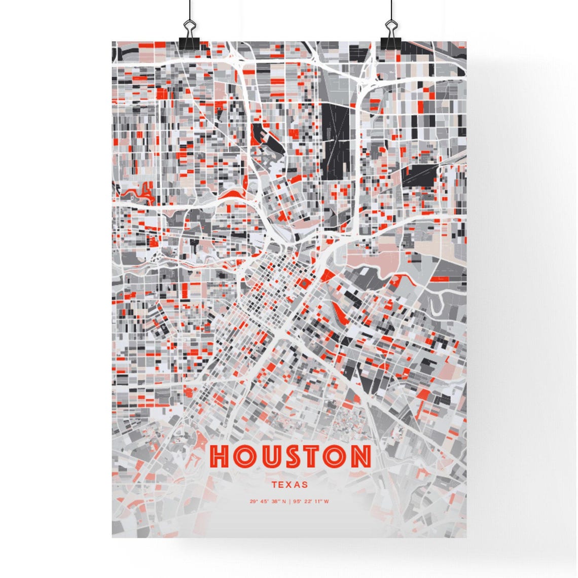 Houston Texas Modern Red Gray Expressive City Map Poster Customizable - Image 3