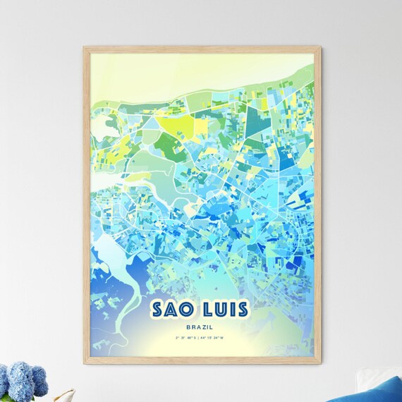 Sao Luis Brazil Bluish Watercolor Modern Decorative City Map Art Poster