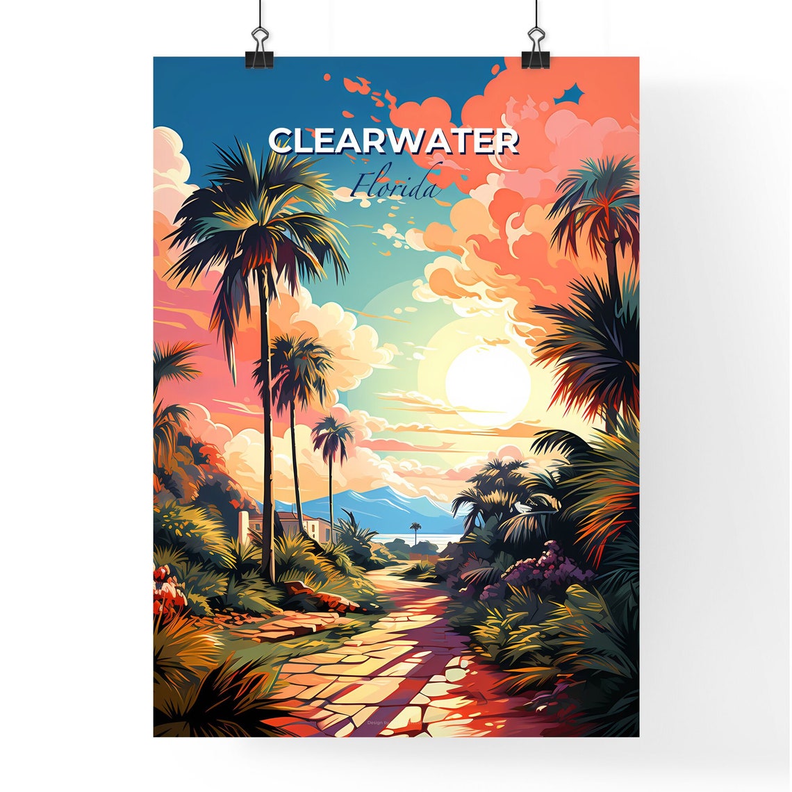 Clearwater Florida Palm Path Sunset Beach Sea Travel Poster Art - Image 4