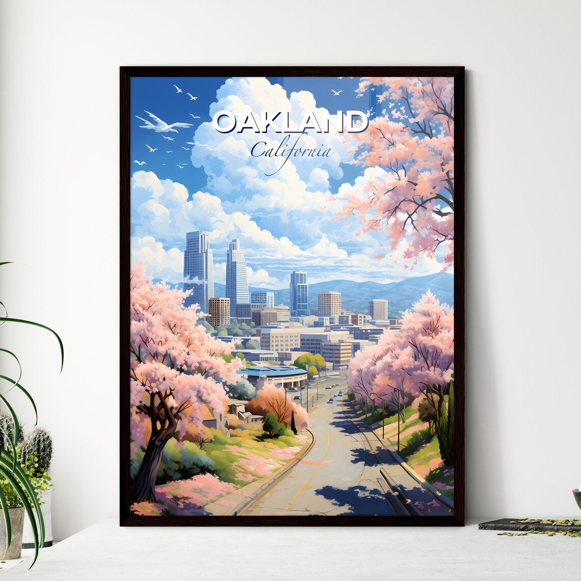 Oakland California Cherry Blossom Street City Skyline Travel Poster