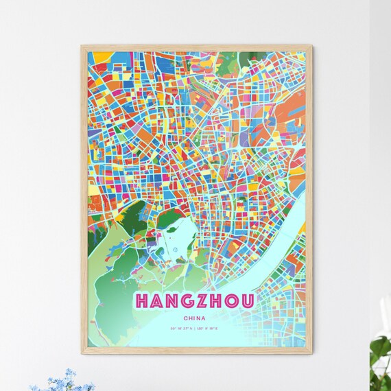 Hangzhou China Rainbow City Map Poster Vibrant Colorful Street Grid Art