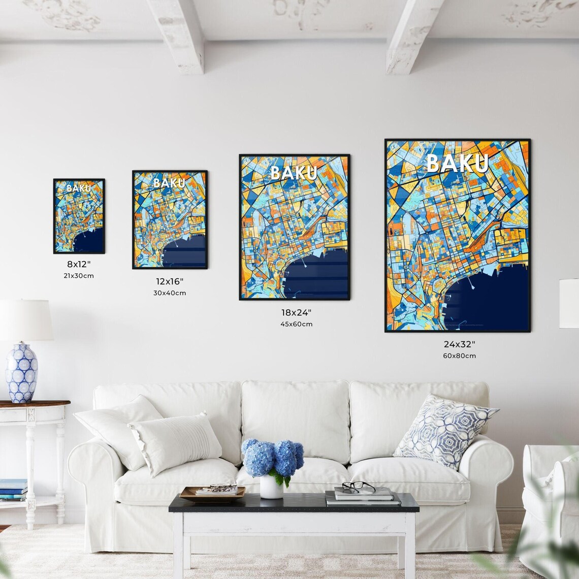Baku Azerbaijan Caspian Sea Colorful Blue Orange Map Art Poster - Image 3