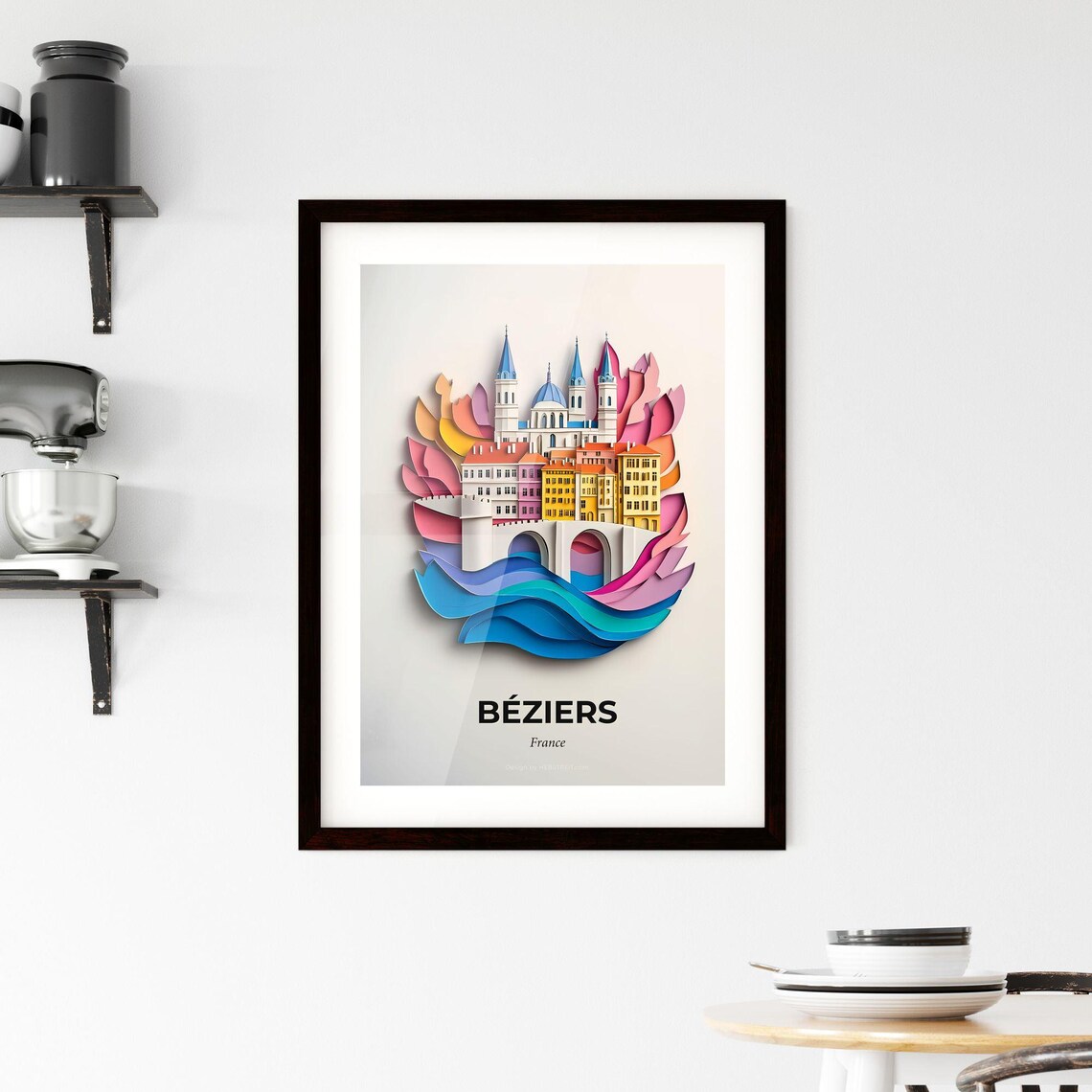 Beziers France Cathedral River Colorful Paper Cut Art Poster - Image 2
