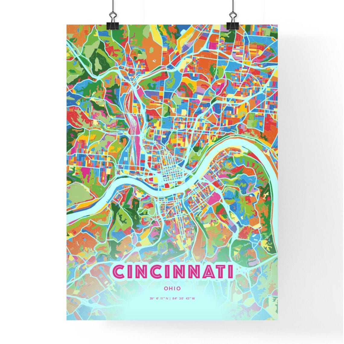 Cincinnati Ohio Vibrant Crazy Colorful Mosaic City Map Poster - Image 3