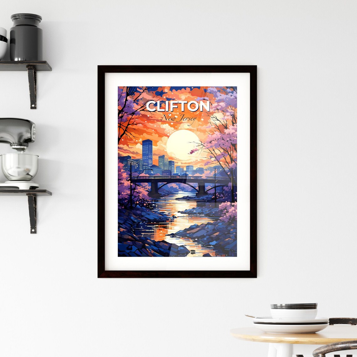 Clifton New Jersey Sunset River Bridge City Skyline Scene Poster - Image 2