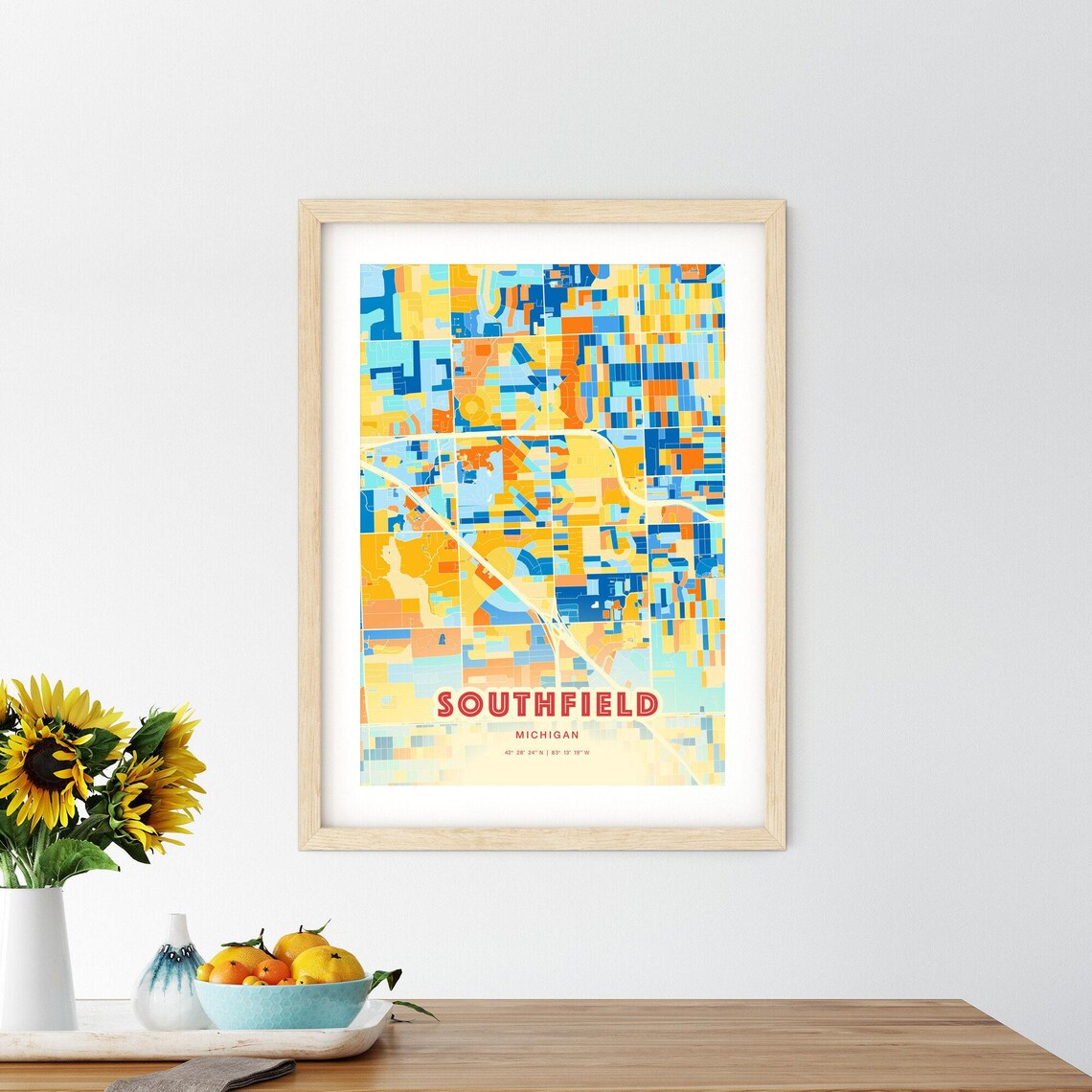 Southfield Michigan Colorful Blue Orange Map Art Poster Wall Decor - Image 2