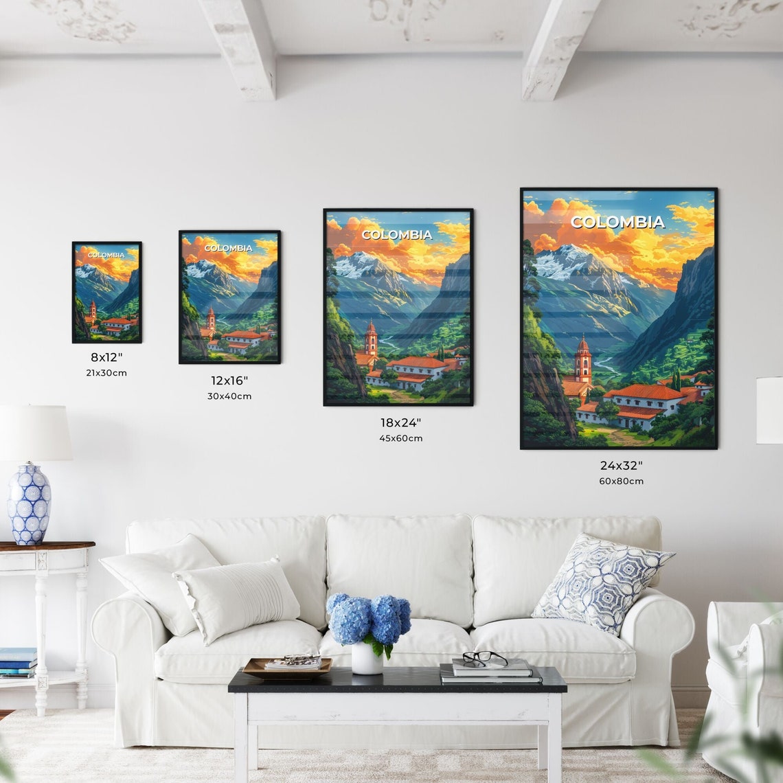 Painting Showcasing Mountainous Colombia Landscape Featuring A Building And Foliage Travel Destinations Customizable - Image 3