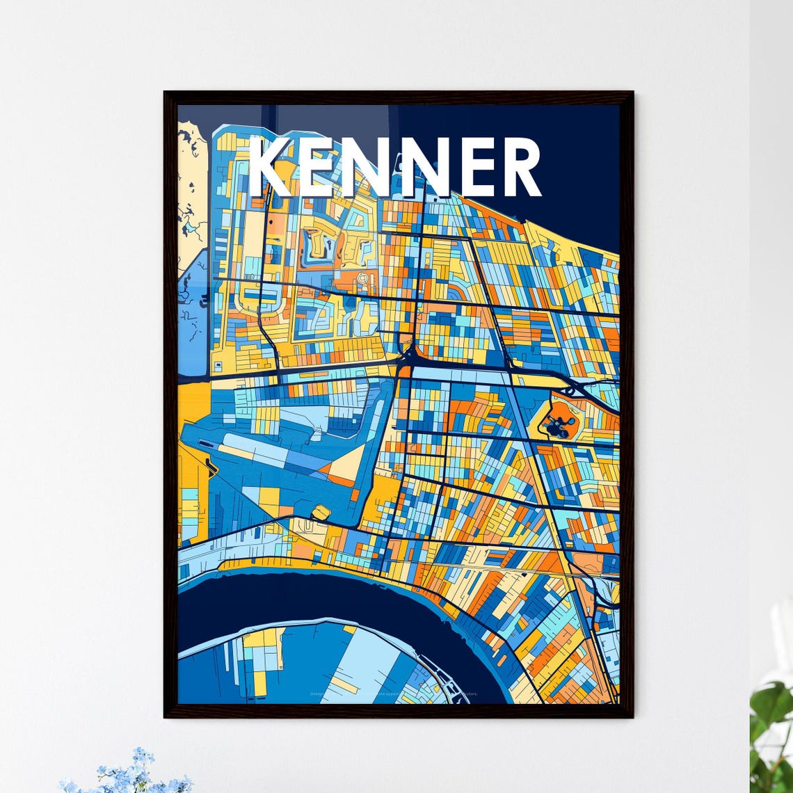 Kenner Louisiana Vibrant Stylized Blue and Orange City Map Poster