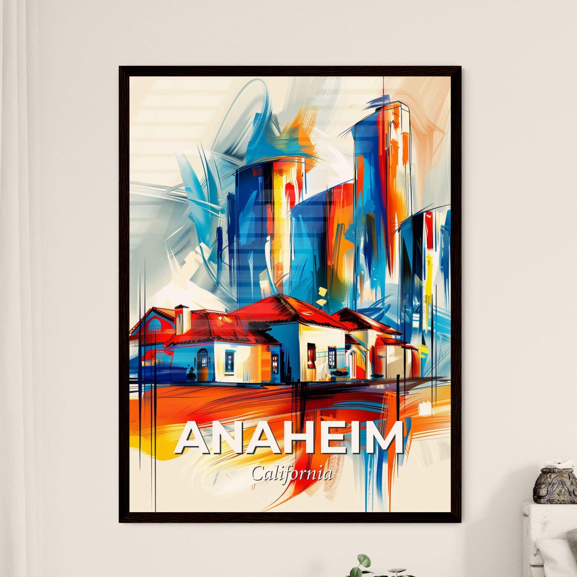 Anaheim California Abstract Skyline Vivid Red Roofs Art Poster