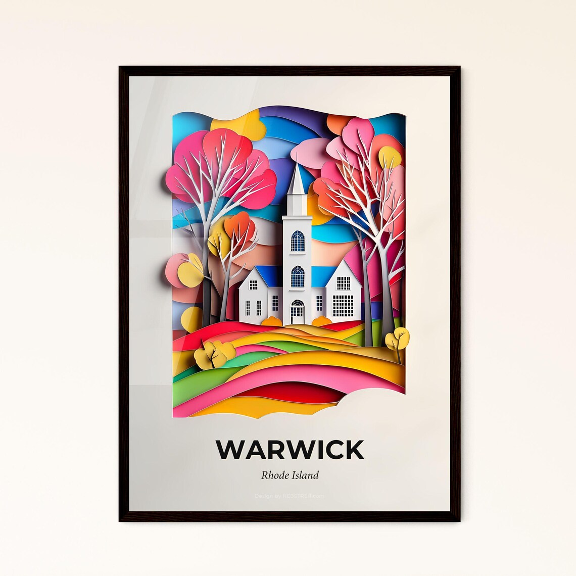 Warwick Rhode Island Colorful Paper Cut Church Autumn Travel Poster
