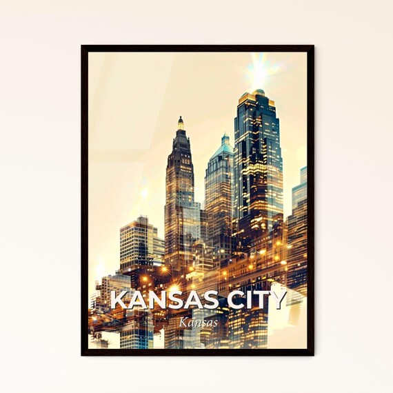Kansas City Kansas Illuminated Night Skyline Towers Golden Art Poster