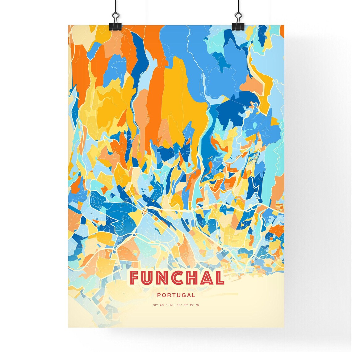 Funchal Portugal Blue Orange Island Hills City Map Art Poster - Image 3