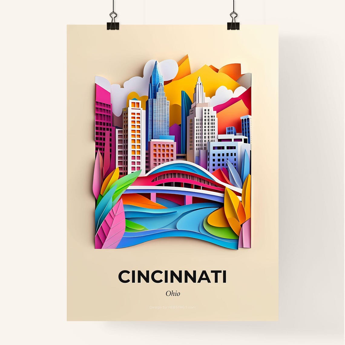 Cincinnati Ohio Colorful Paper Cut Bridge River Skyline Poster - Image 4