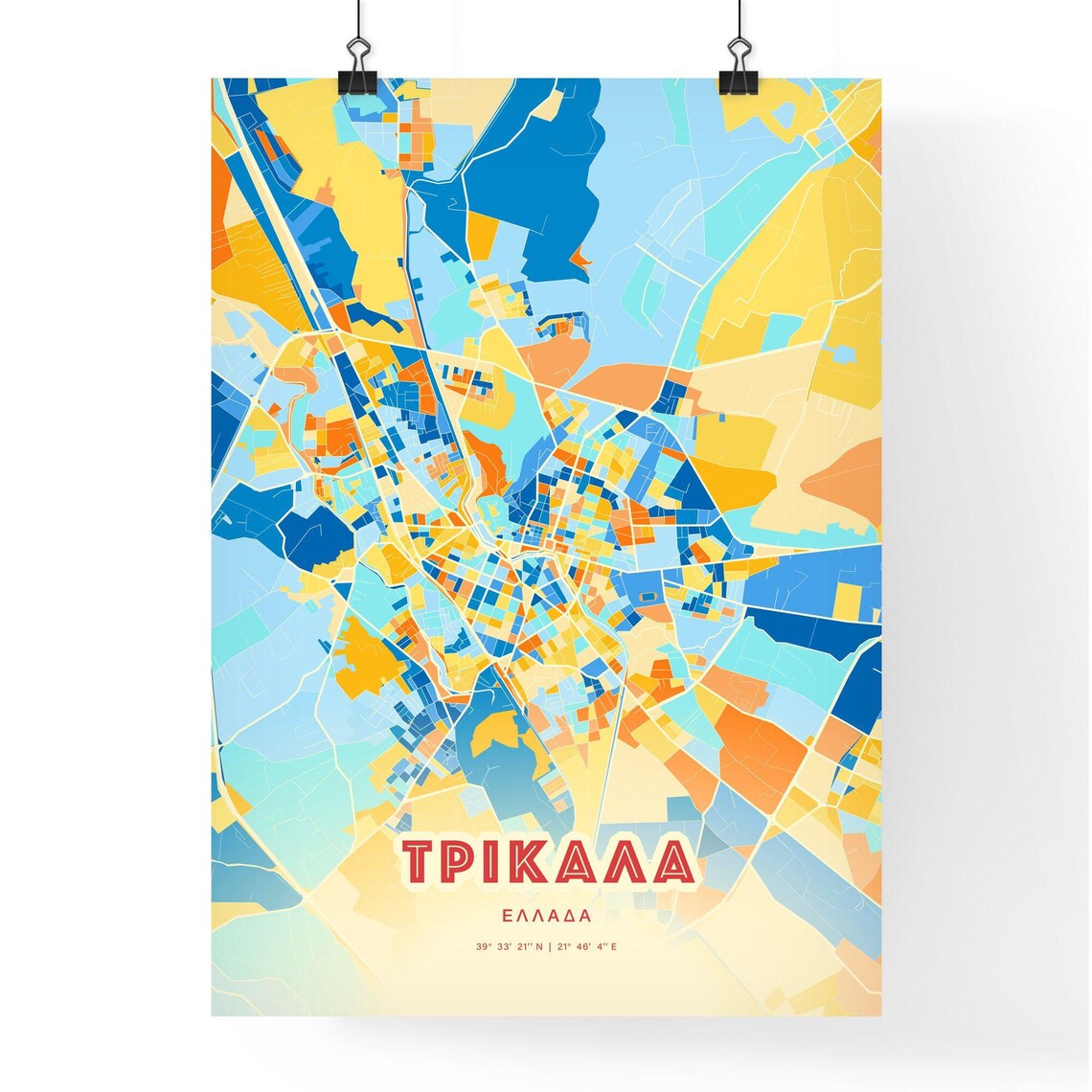 Trikala Greece Blue Orange Colorful City Map Art Poster With Coordinates - Image 3