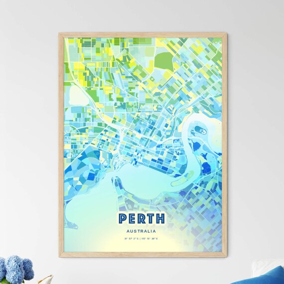 Perth Australia Pastel Blue City Map Art with Coordinates Poster