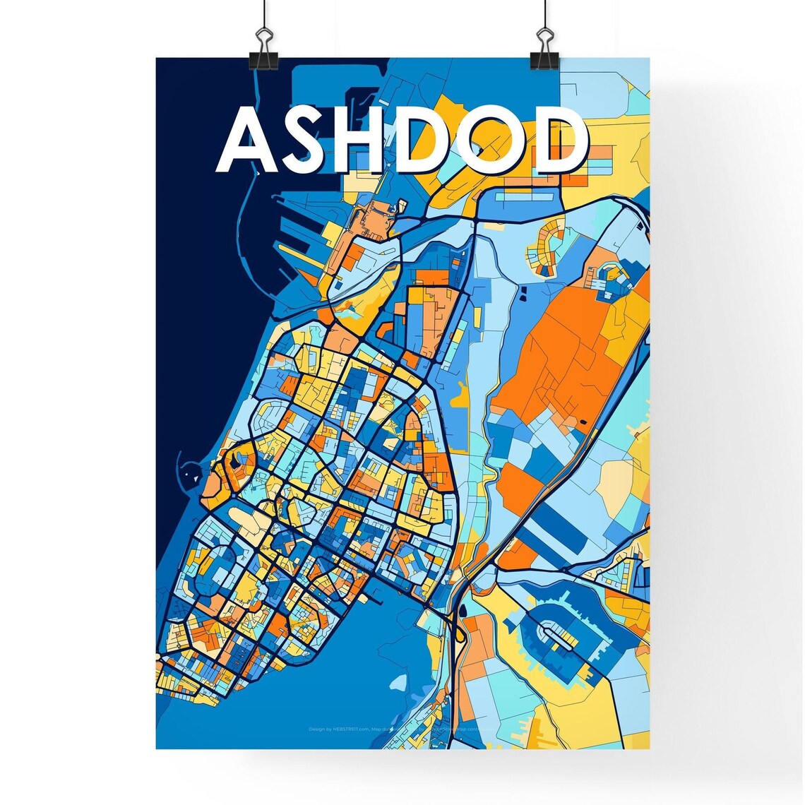 Ashdod Israel Stylish Vibrant Blue and Orange Mosaic City Map Poster - Image 4