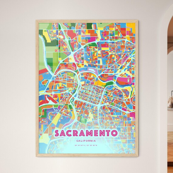 Sacramento California Customizable Colorful City Map Poster Wall Decor